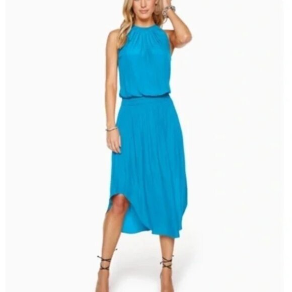 Ramy Brook Audrey Smocked Midi Dress Turquoise Small - Picture 2 of 15